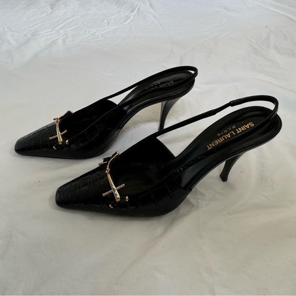 SAINT LAURENT BLADE SLINGBACK PUMPS IN CROCODILE-EMBOSSED PATENT LEATHER - Picture 5 of 9